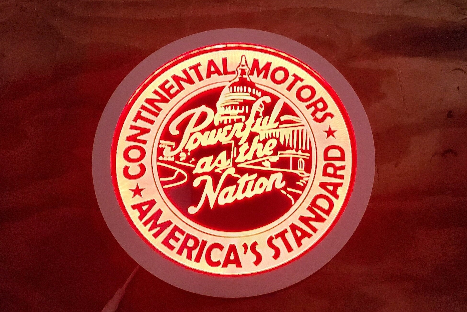 Vintage Continental Motors wall mounted round logo LED light lamp/sign - Neon-like - Free shipping - Made in USA.