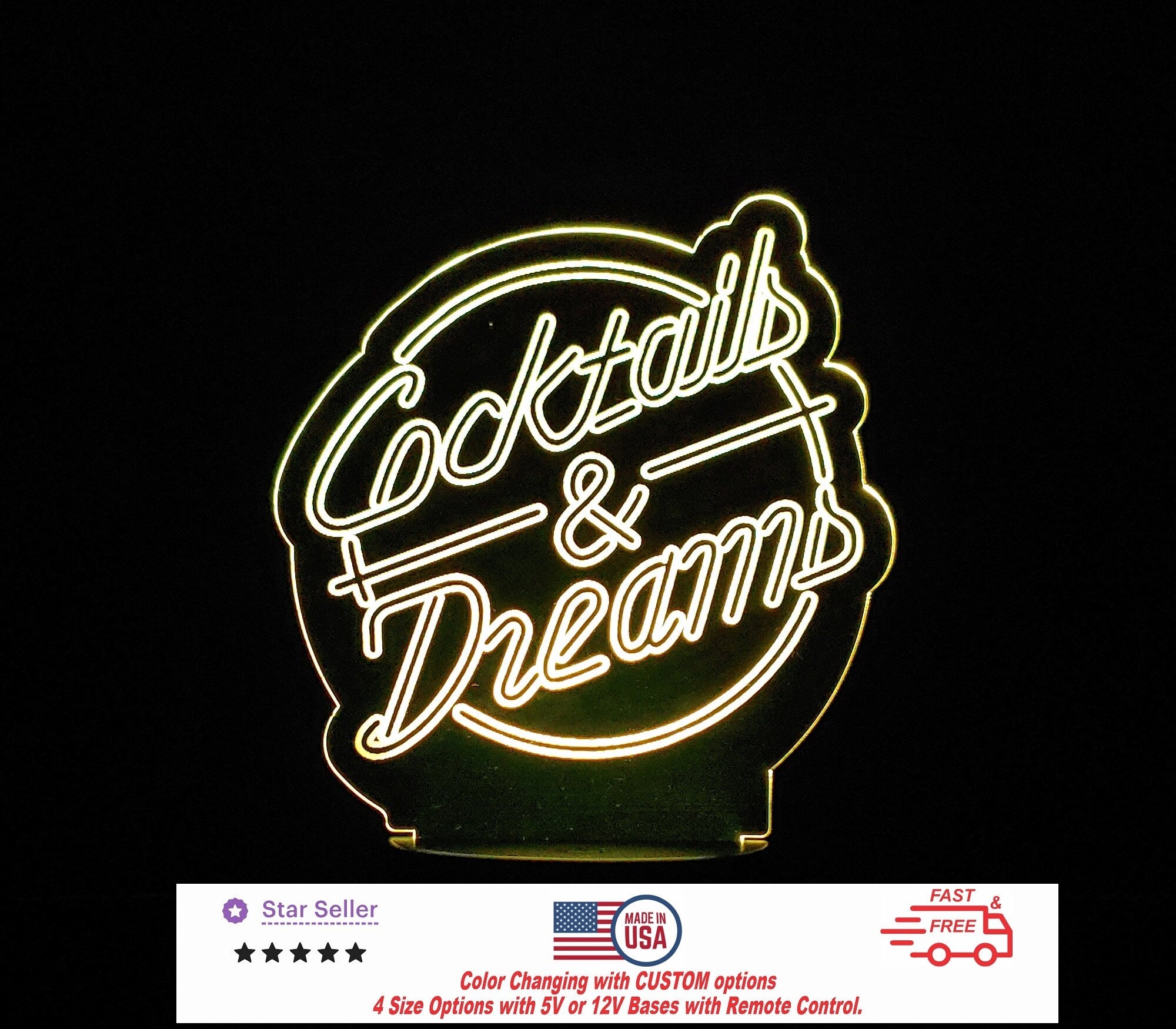 Cocktails and Dreams Bar LED Personalized Night Light, Custom Neon Bar Sign - Cocktail & Dreams Sign - 4 Sizes Free Shipping Made in USA
