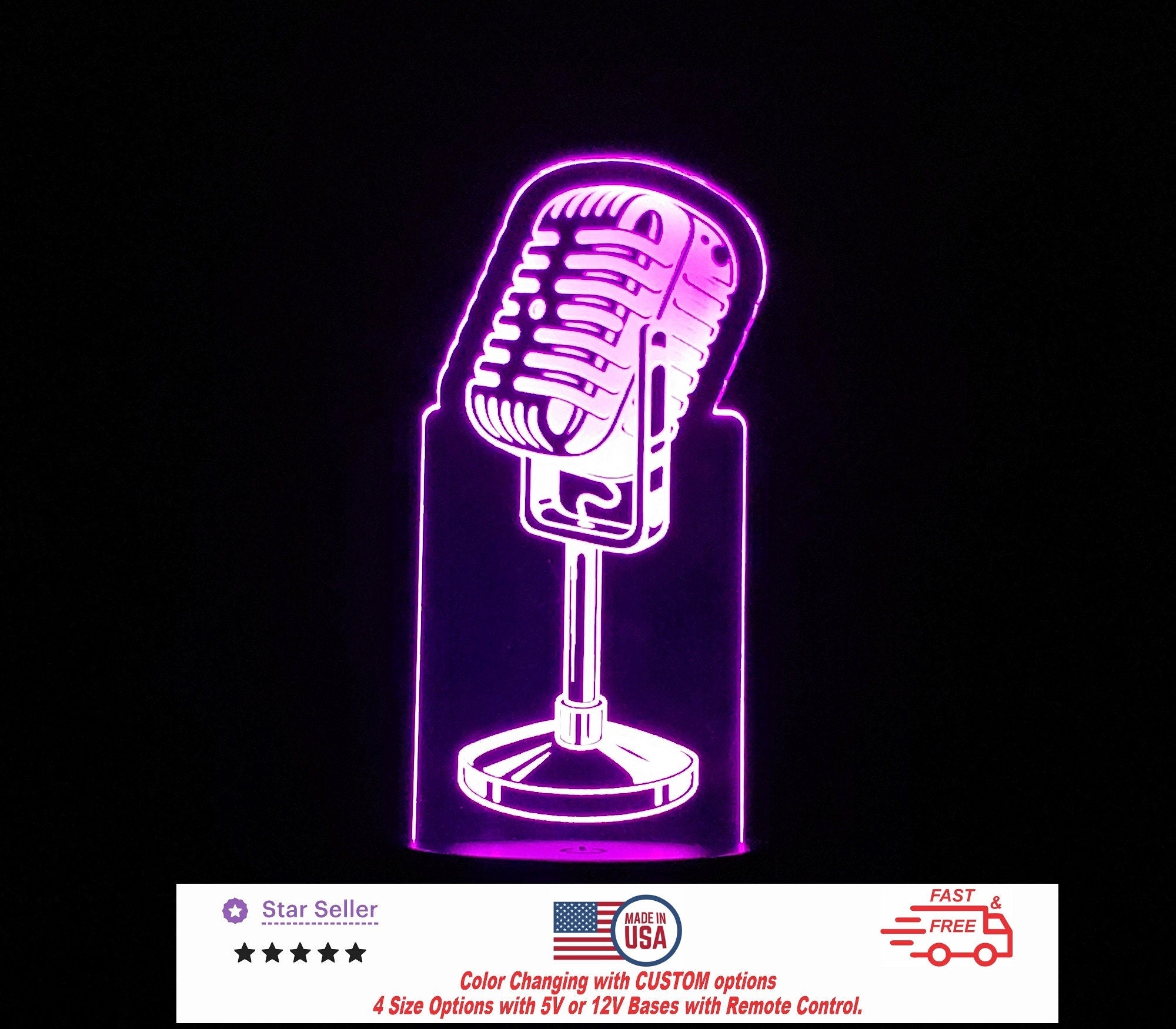 Recording Vintage Microphone Personalized LED Night Light - Neon sign, Room Decor, Stream, Music Studio 4 sizes Free Shipping Made in USA
