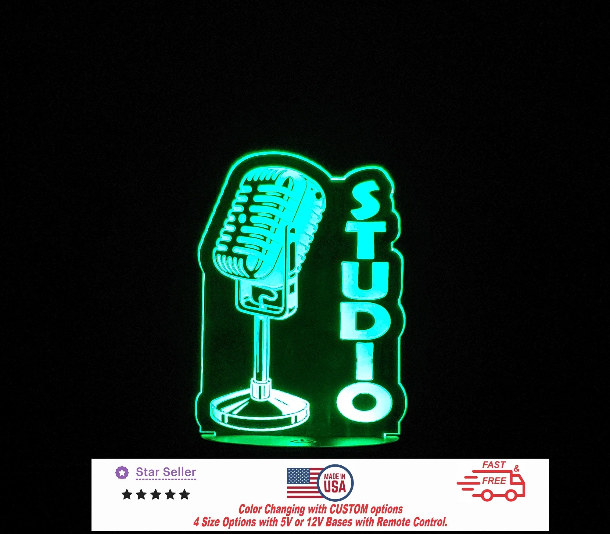 Music Studio Recording Vintage Microphone Personalized LED Night Light - Neon sign, Room Decor, Stream, 4 sizes Free Shipping Made in USA
