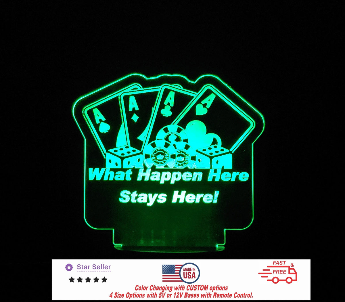 Poker Sign - Dice Sign - Playing Cards Sign LED Personalized Night Light, Custom Casino Bar Sign - 4 Sizes Free Shipping Made in USA