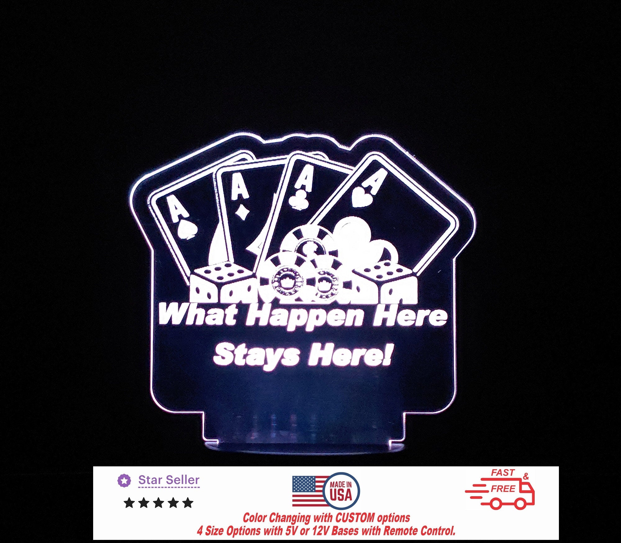 Poker Sign - Dice Sign - Playing Cards Sign LED Personalized Night Light, Custom Casino Bar Sign - 4 Sizes Free Shipping Made in USA
