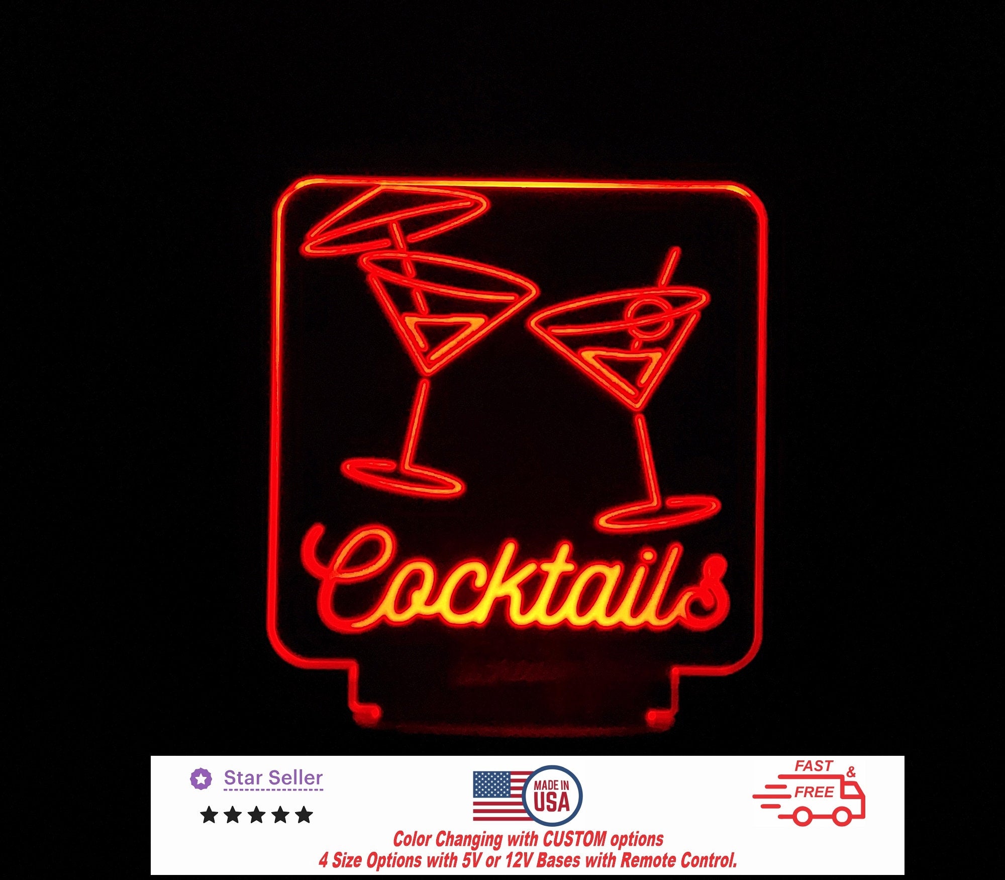 Cocktails Bar LED Sign Personalized Night Light, Custom Neon Bar Sign - Cocktail Sign - 4 Sizes Free Shipping Made in USA