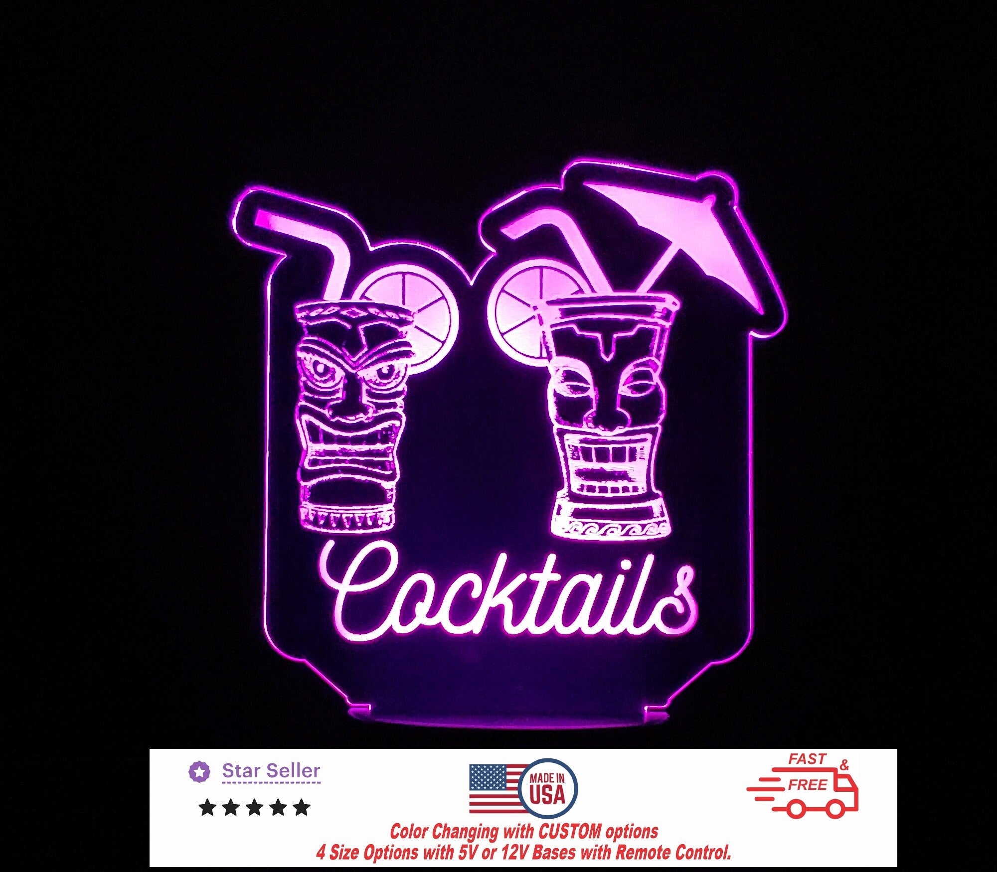 Tiki Bar Sign Cocktails Personalized Bar LED Night Light - Custom Tiki Bar Sign - Cocktails Sign - 4 Sizes Free Shipping Made in USA