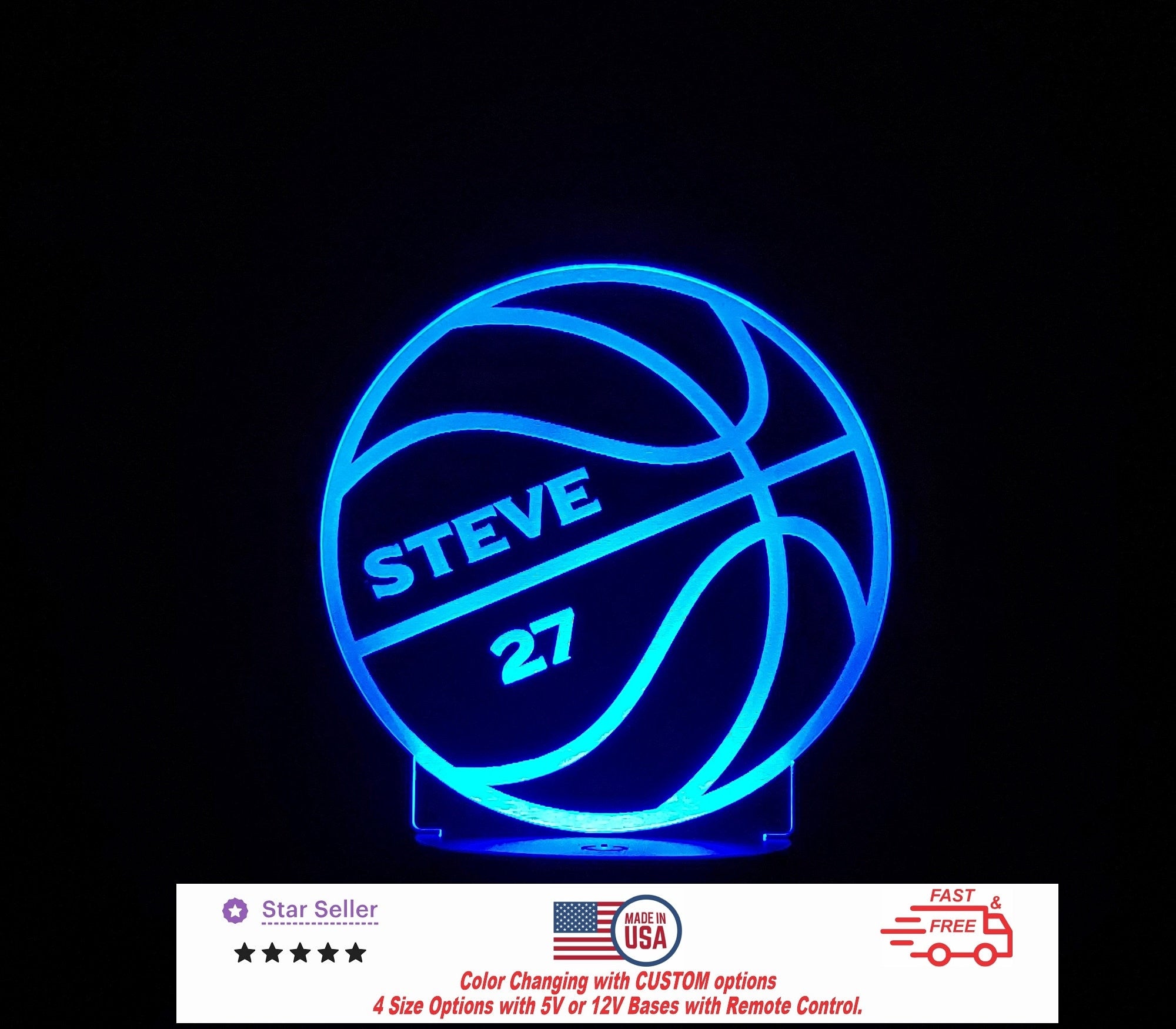 Basketball Personalized LED Night Light - Neon sign, Custom Sport SIgn - Sports Bedroom - Game Room Decor 4 Sizes Free shipping Made in USA