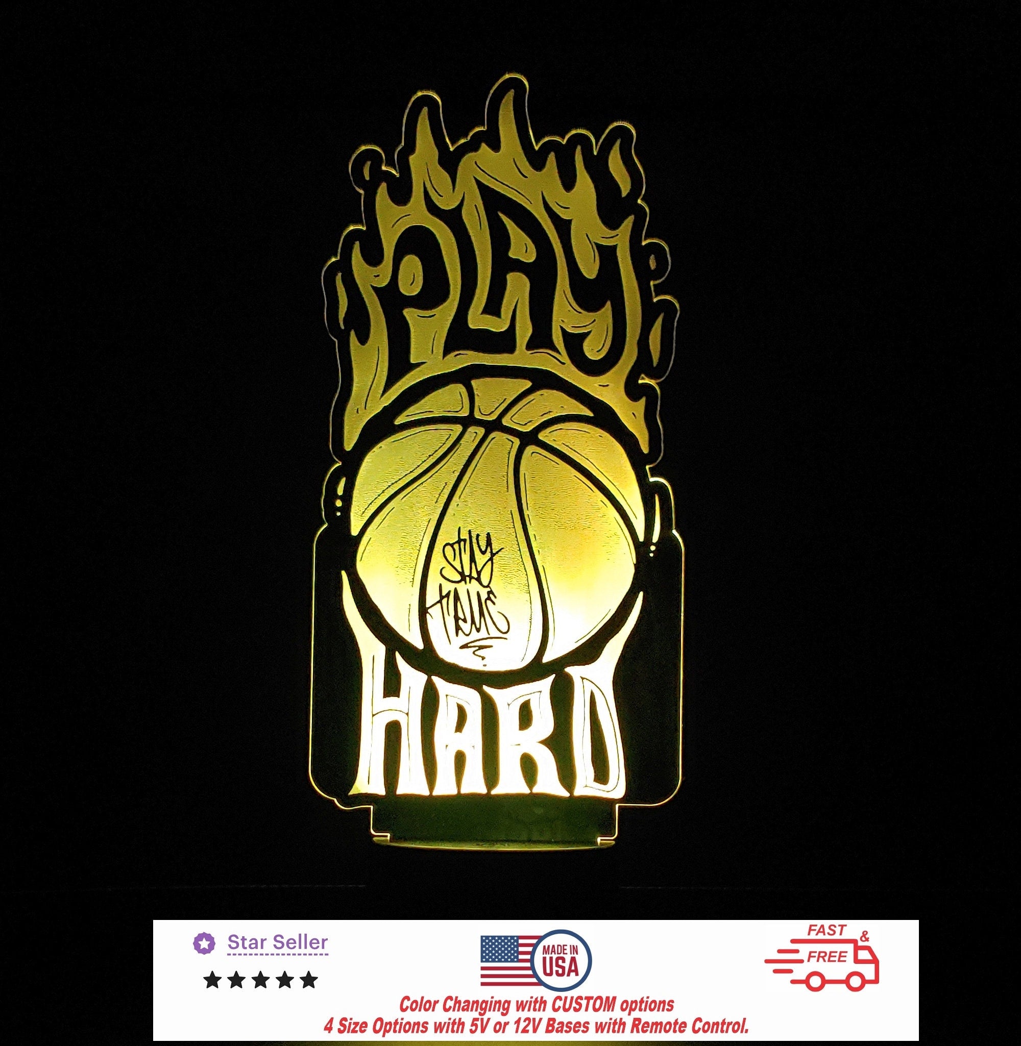 Play Hard Sign Basketball Personalized LED Night Light - Neon sign - Sports Bedroom - Sport Decor 4 Sizes Free Shipping Made in USA