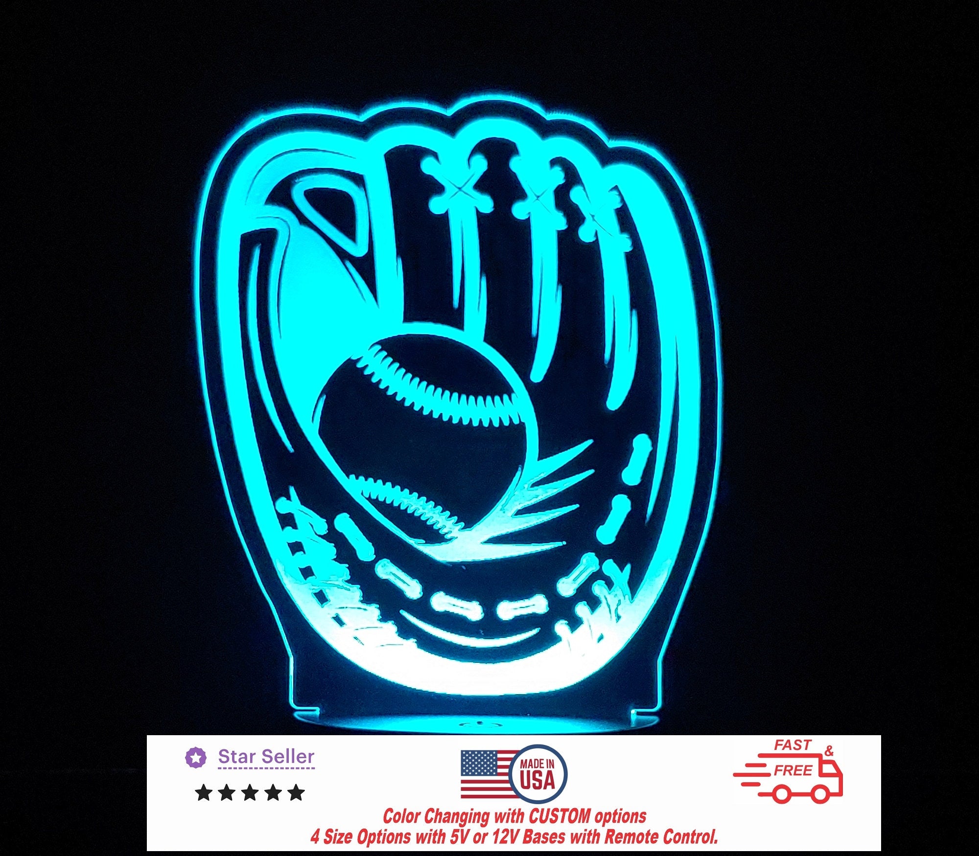 Baseball Glove Personalized LED Night Light - Neon sign, Custom Sport SIgn - Sports Bedroom - Club Decor 4 Sizes Free Shipping Made in USA