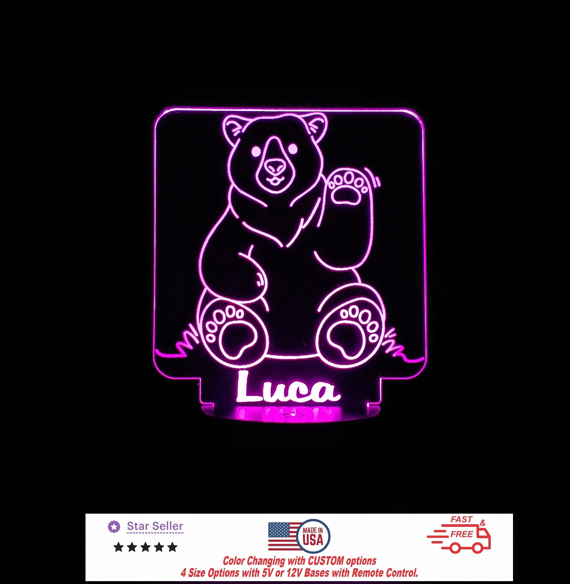 Custom Bear Personalized LED Night Light - Neon sign, Room Decor, Party Enhancer, Nursery, Kids' Room, Free Shipping Made in USA