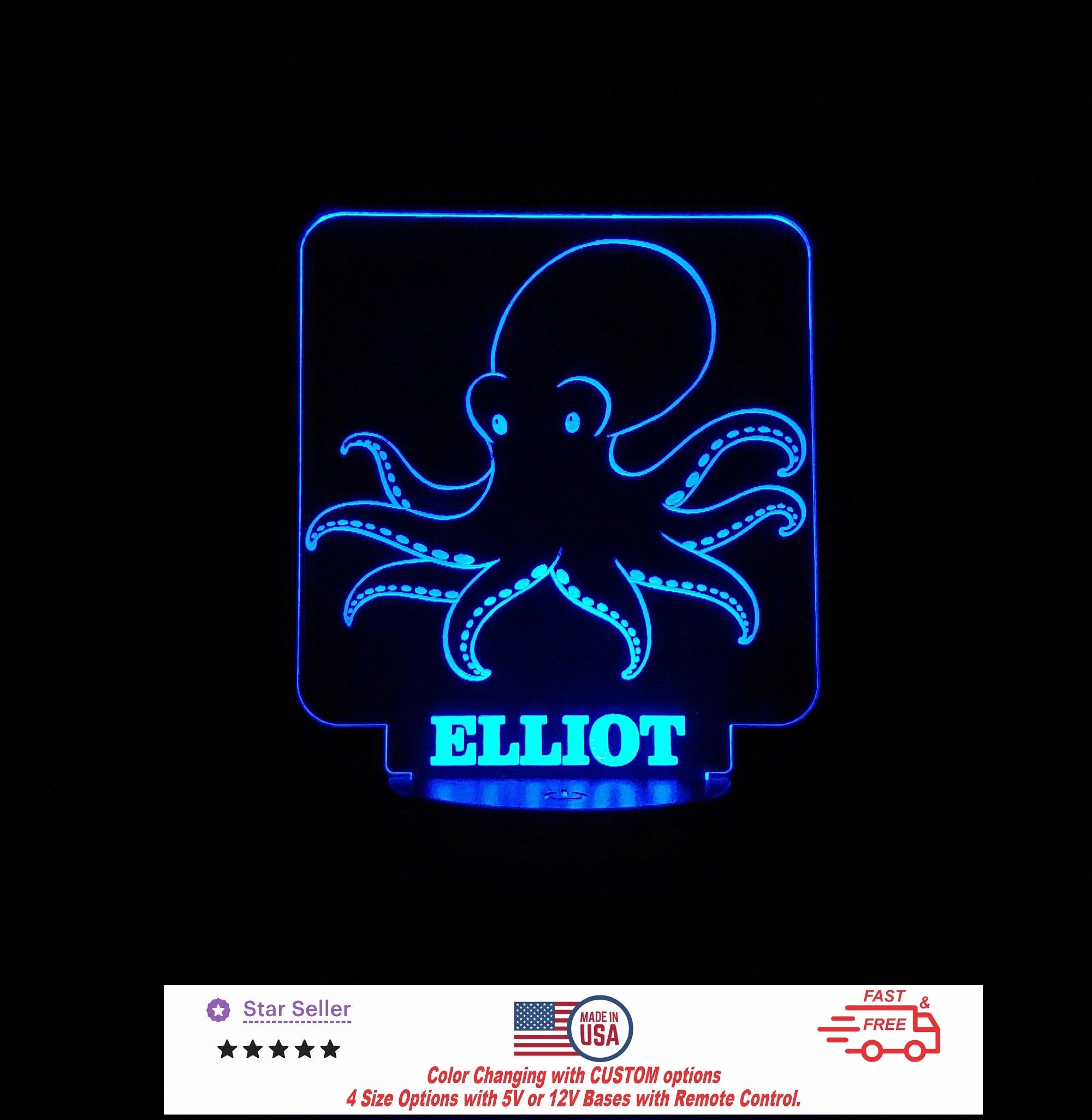 Custom Octopus Personalized LED Night Light - Neon sign, Room Decor, Party Enhancer, Nursery, Kids' Room, Free Shipping Made in USA