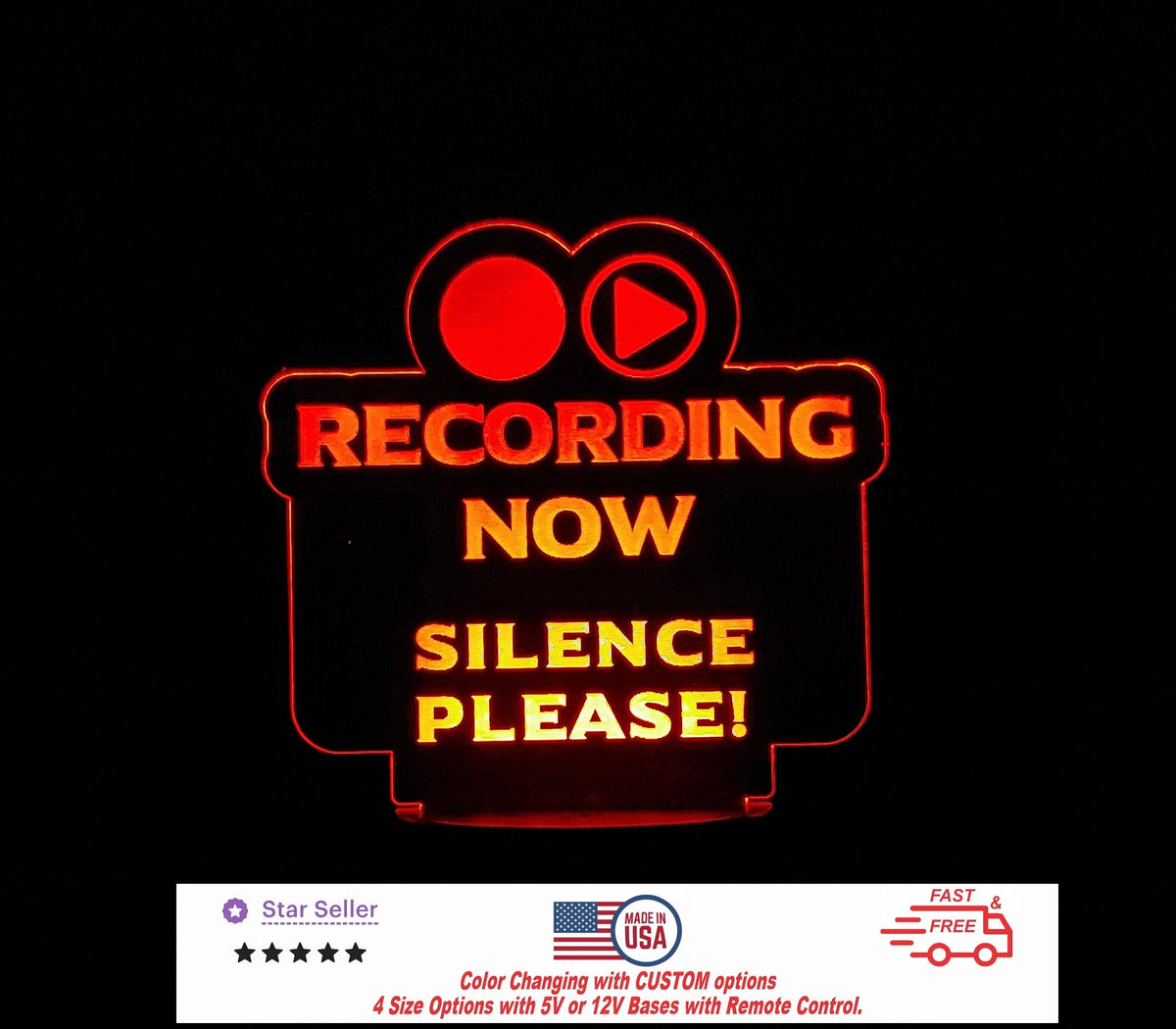 Recording Silence Please Personalized LED Night Light - Neon sign, Room Decor, Stream, Music Studio 4 sizes Free Shipping Made in USA