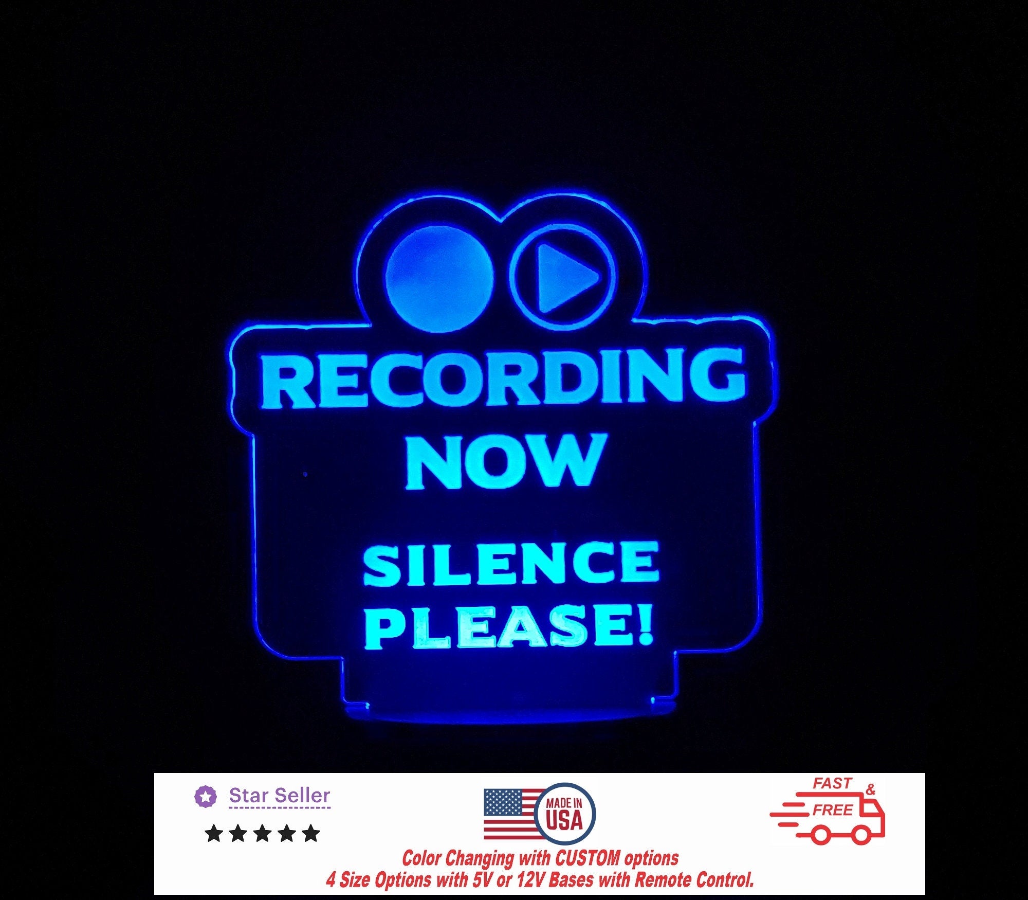 Recording Silence Please Personalized LED Night Light - Neon sign, Room Decor, Stream, Music Studio 4 sizes Free Shipping Made in USA