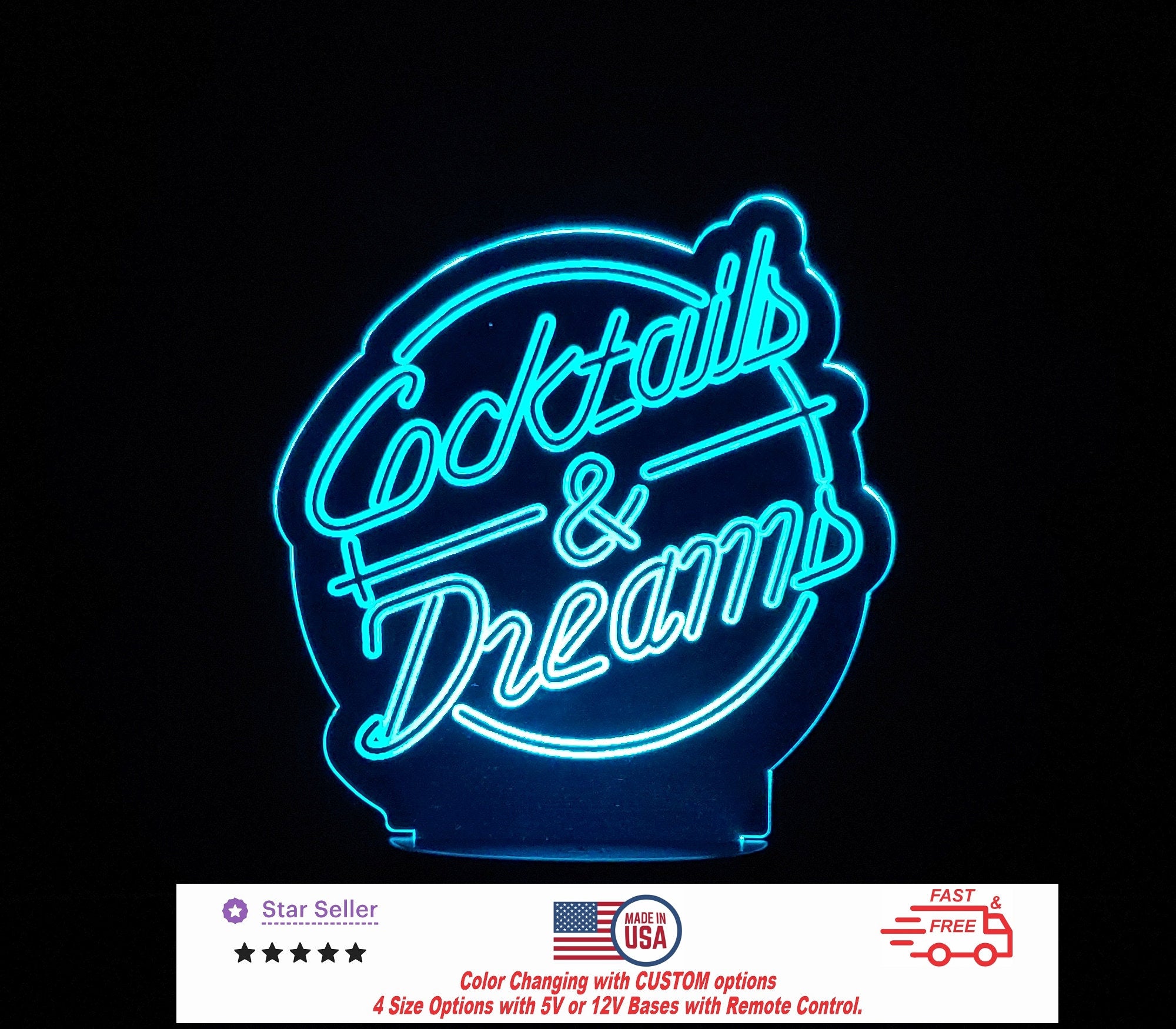 Cocktails and Dreams Bar LED Personalized Night Light, Custom Neon Bar Sign - Cocktail & Dreams Sign - 4 Sizes Free Shipping Made in USA