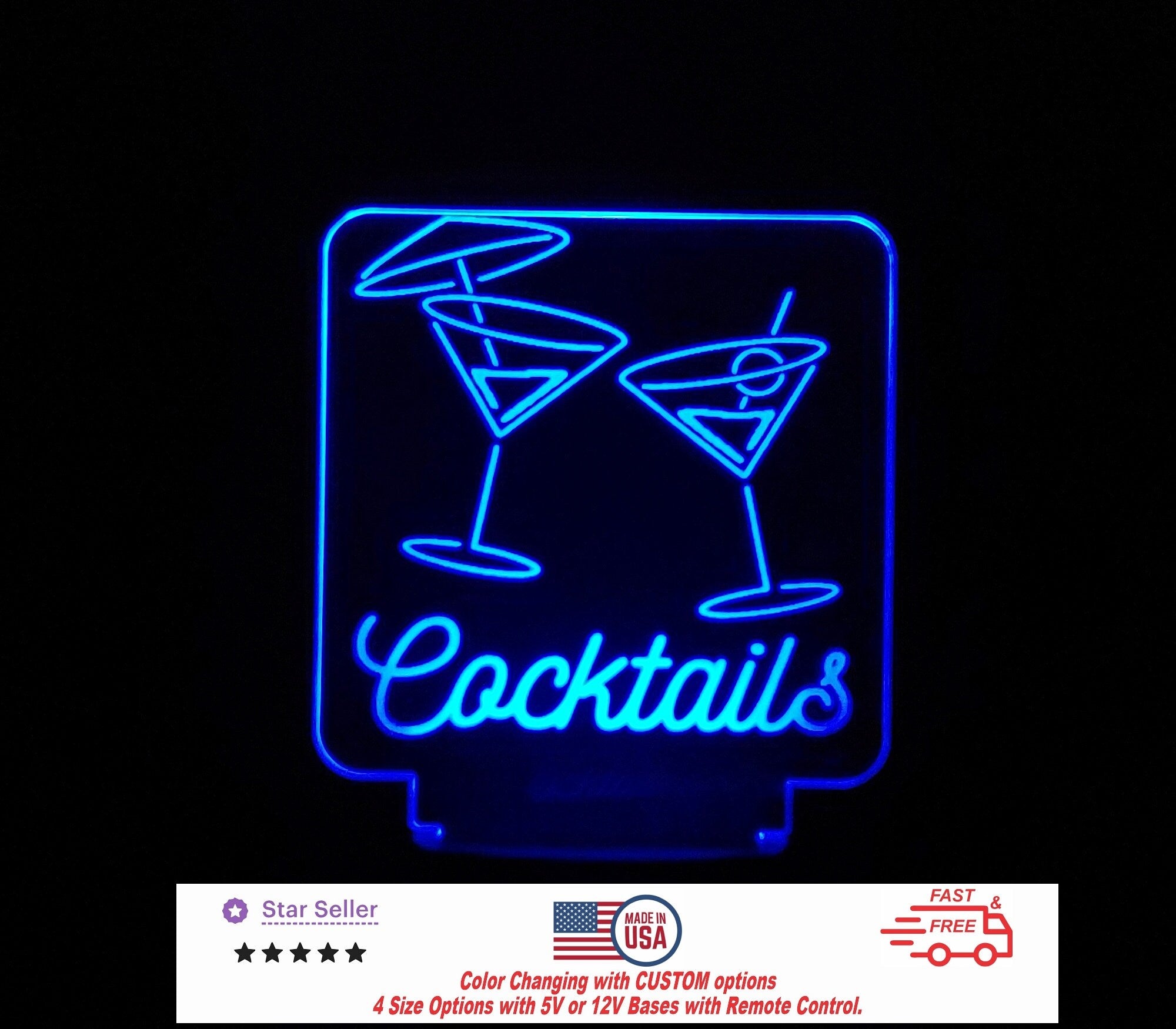 Cocktails Bar LED Sign Personalized Night Light, Custom Neon Bar Sign - Cocktail Sign - 4 Sizes Free Shipping Made in USA