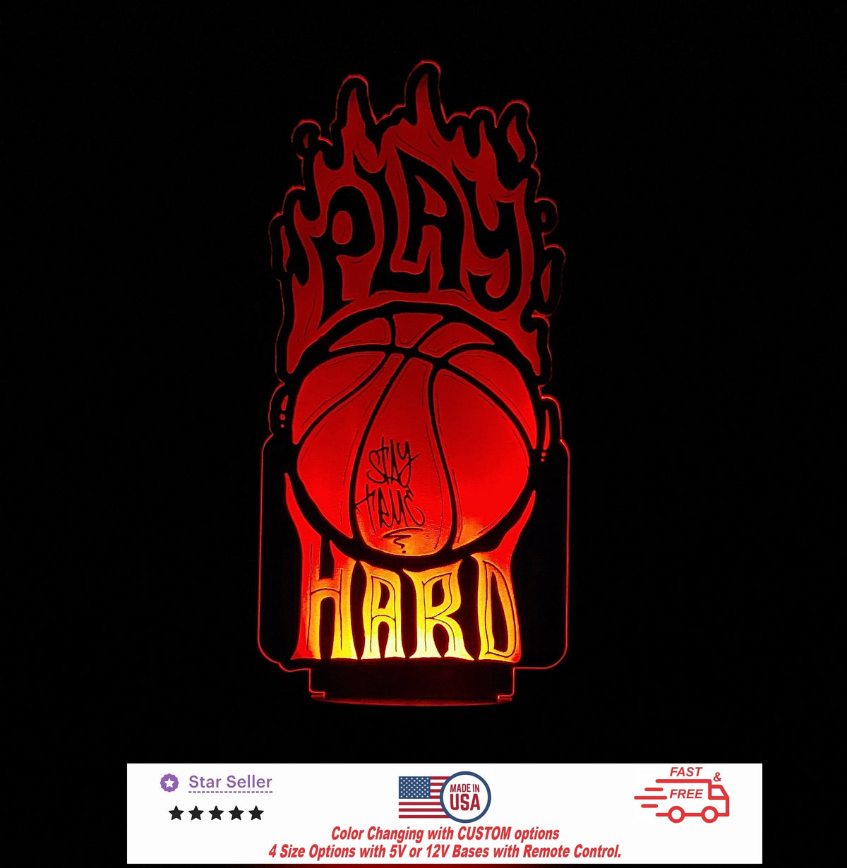 Play Hard Sign Basketball Personalized LED Night Light - Neon sign - Sports Bedroom - Sport Decor 4 Sizes Free Shipping Made in USA