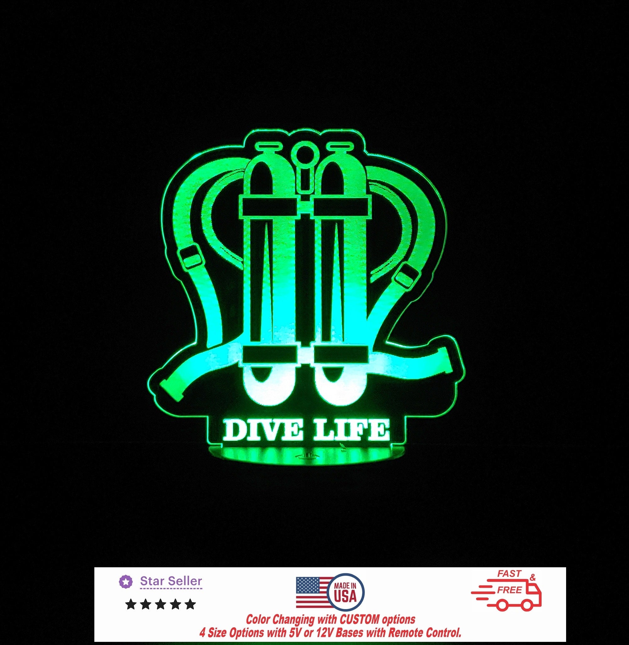 Scuba Dive Life Sign LED Light Personalized Led Night Light, Custom Neon sign, Led Night Light Light Sign 4 Sizes Free Shipping Made in USA
