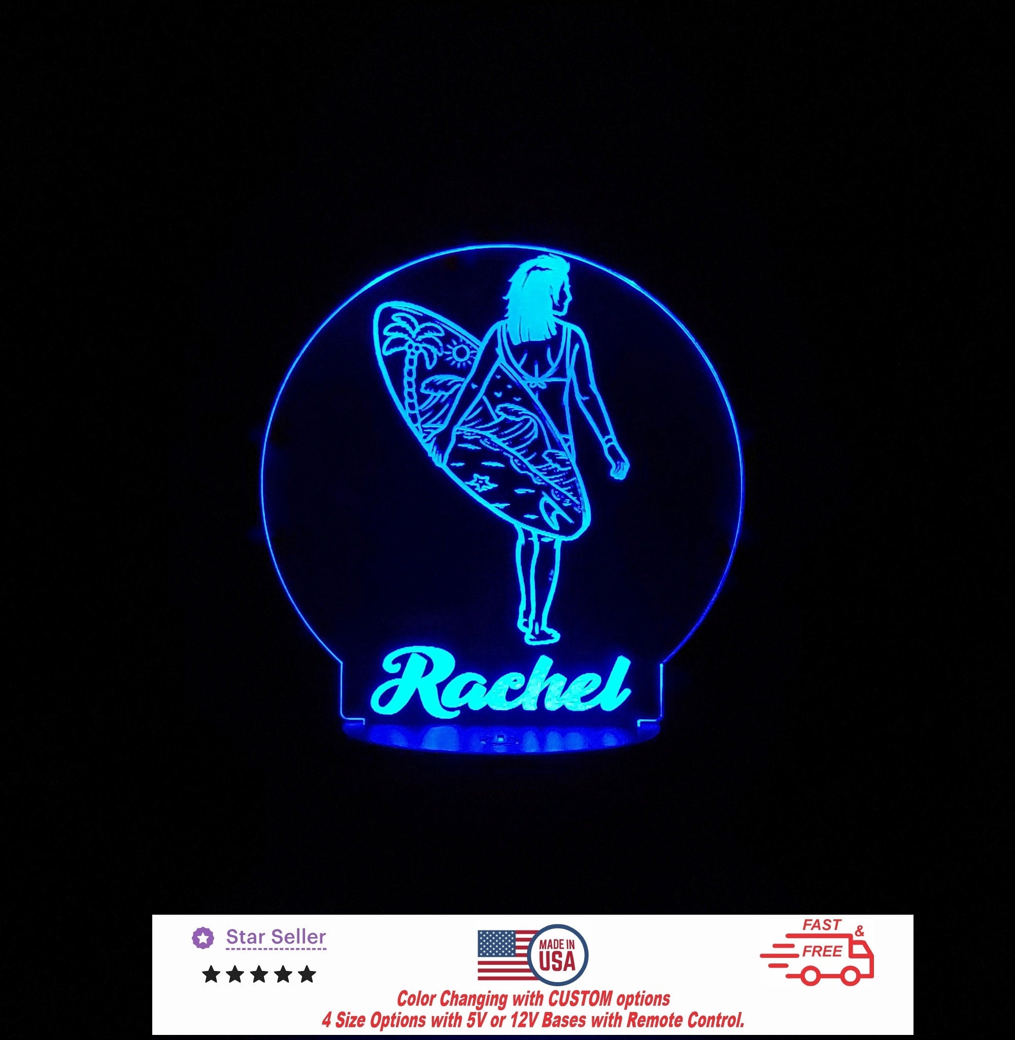 Custom Surf Girl Sea Sign LED Light Personalized Led Night Light, Neon sign, Led Night Light Light Sign 4 Sizes Free Shipping Made in USA