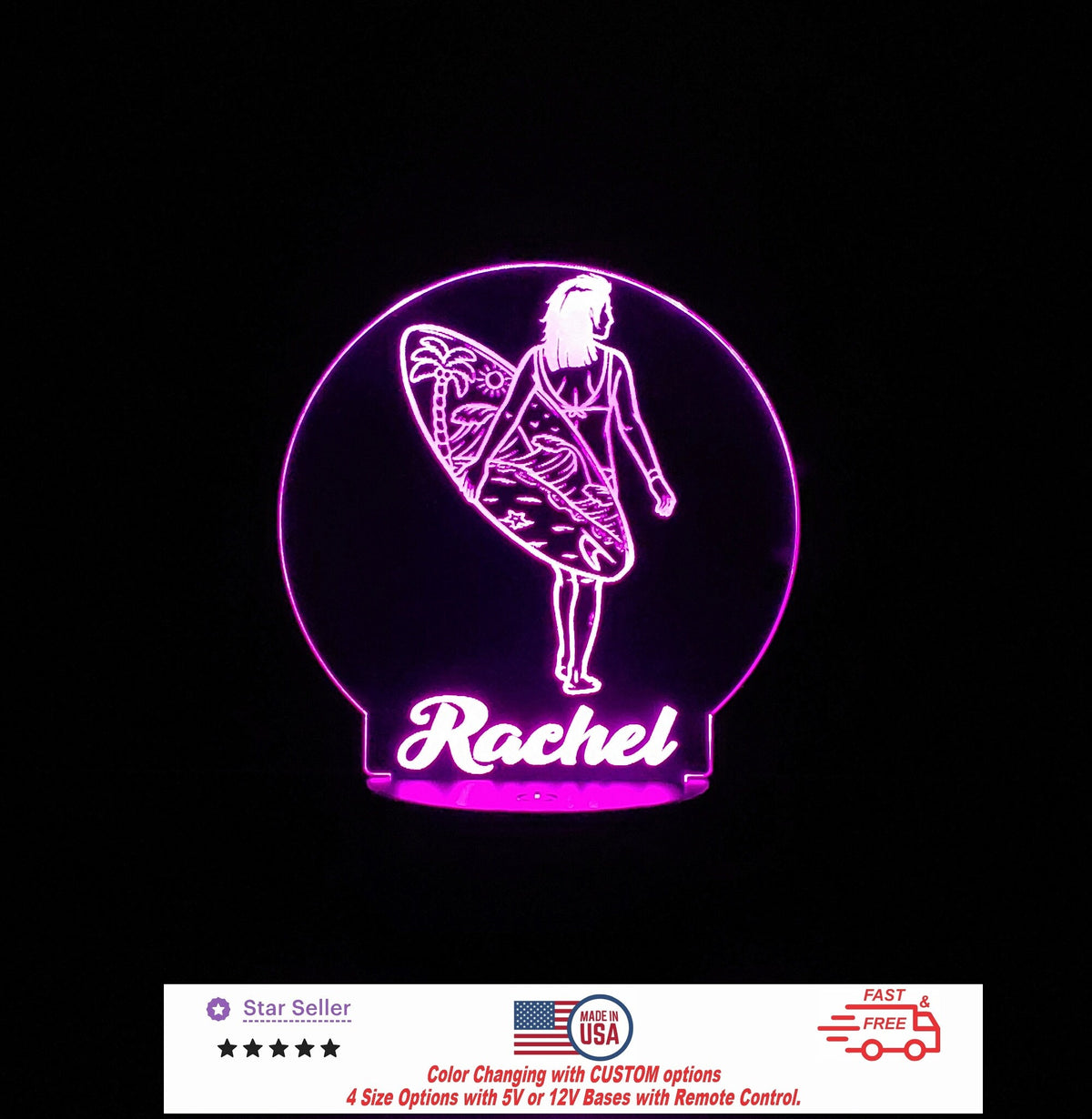 Custom Surf Girl Sea Sign LED Light Personalized Led Night Light, Neon sign, Led Night Light Light Sign 4 Sizes Free Shipping Made in USA
