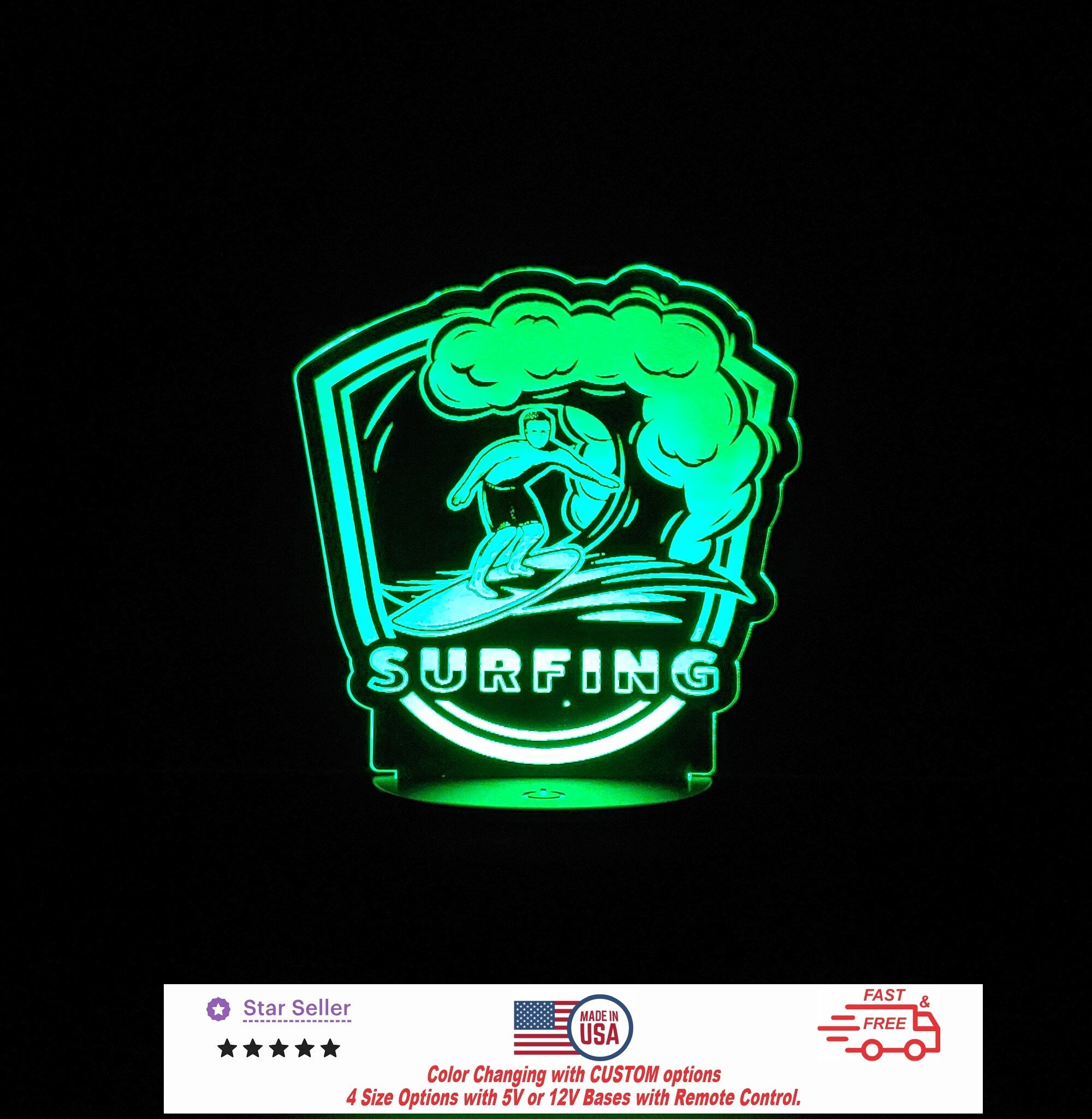 Surfing Sign LED Light Personalized Led Night Light, Custom Neon sign, Led Night Light Light Sign 4 Sizes Free Shipping Made in USA