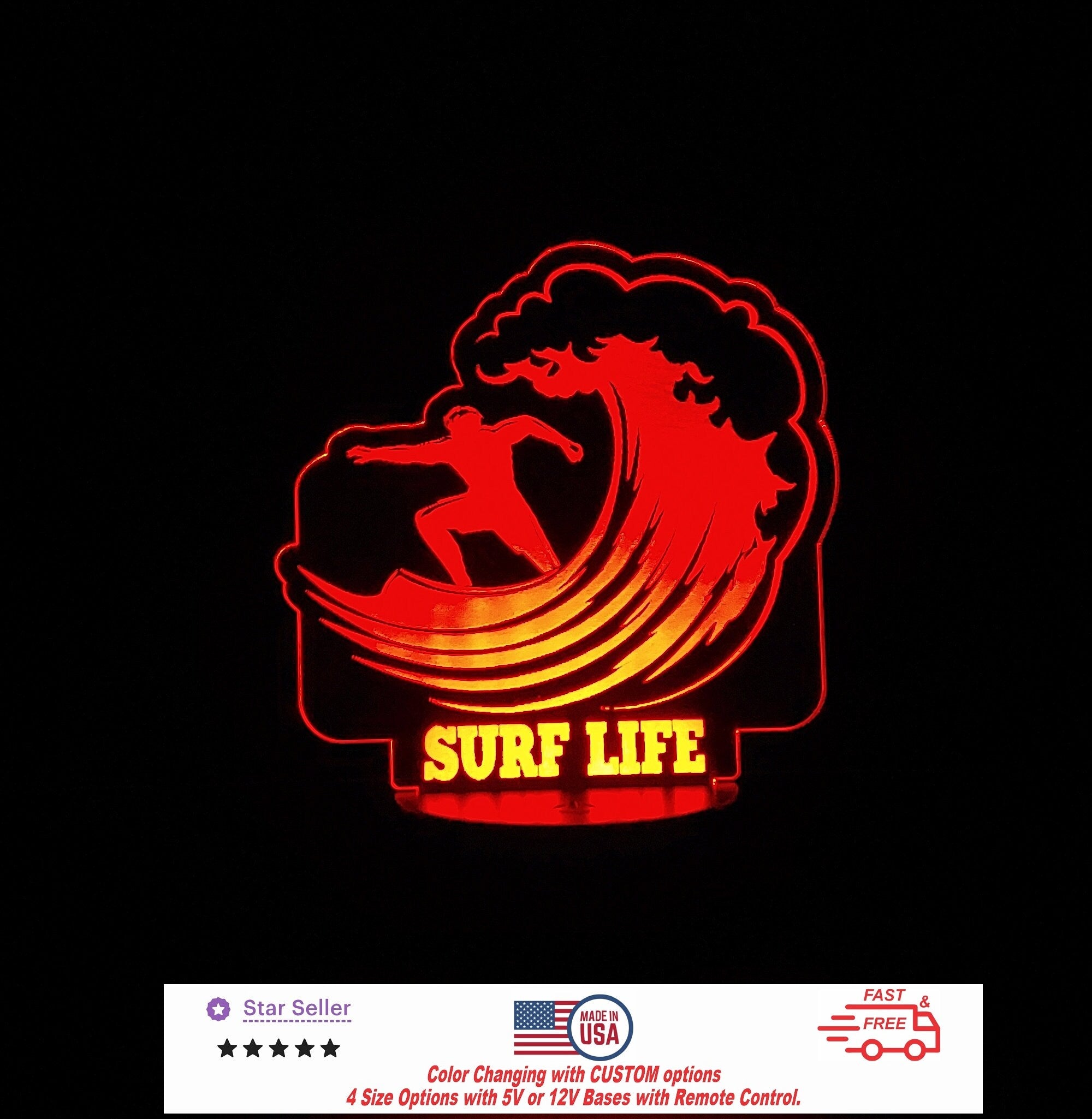 Surfer Sign LED Light Personalized Led Night Light, Custom Neon sign, Led Night Light Light Sign 4 Sizes Free Shipping Made in USA